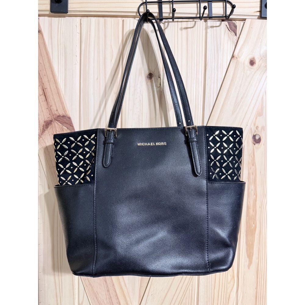 Michael Kors Black Saffiano Leather Tote Bag Gold Floral Studded Suede Trim